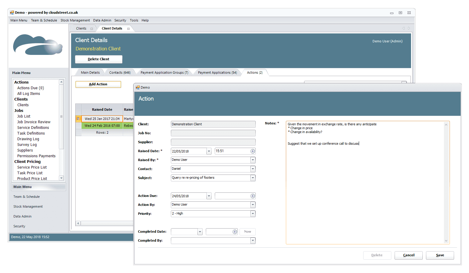 Client and supplier management software screenshot