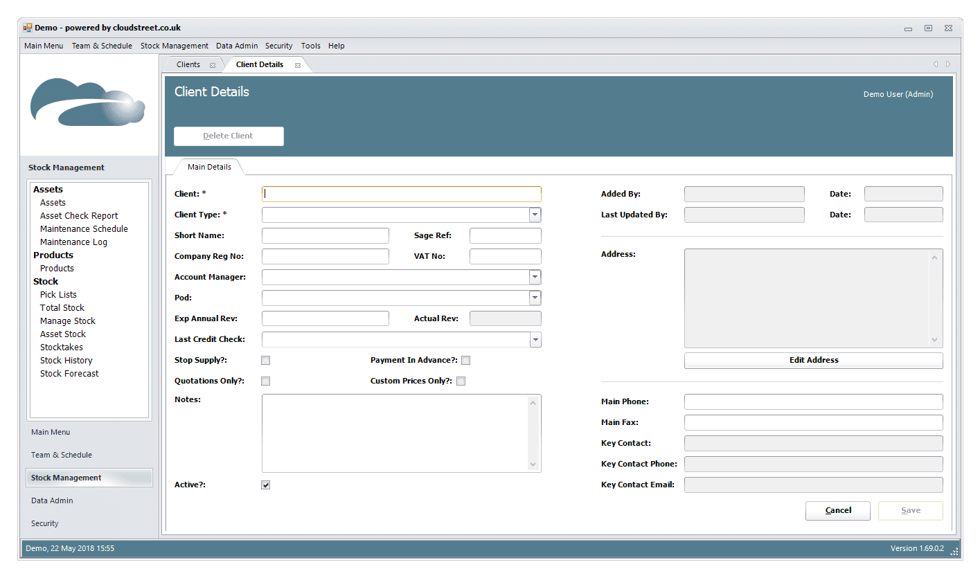 Client and supplier management software screenshot