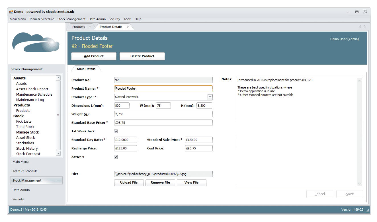 Product management and specifications software screenshot