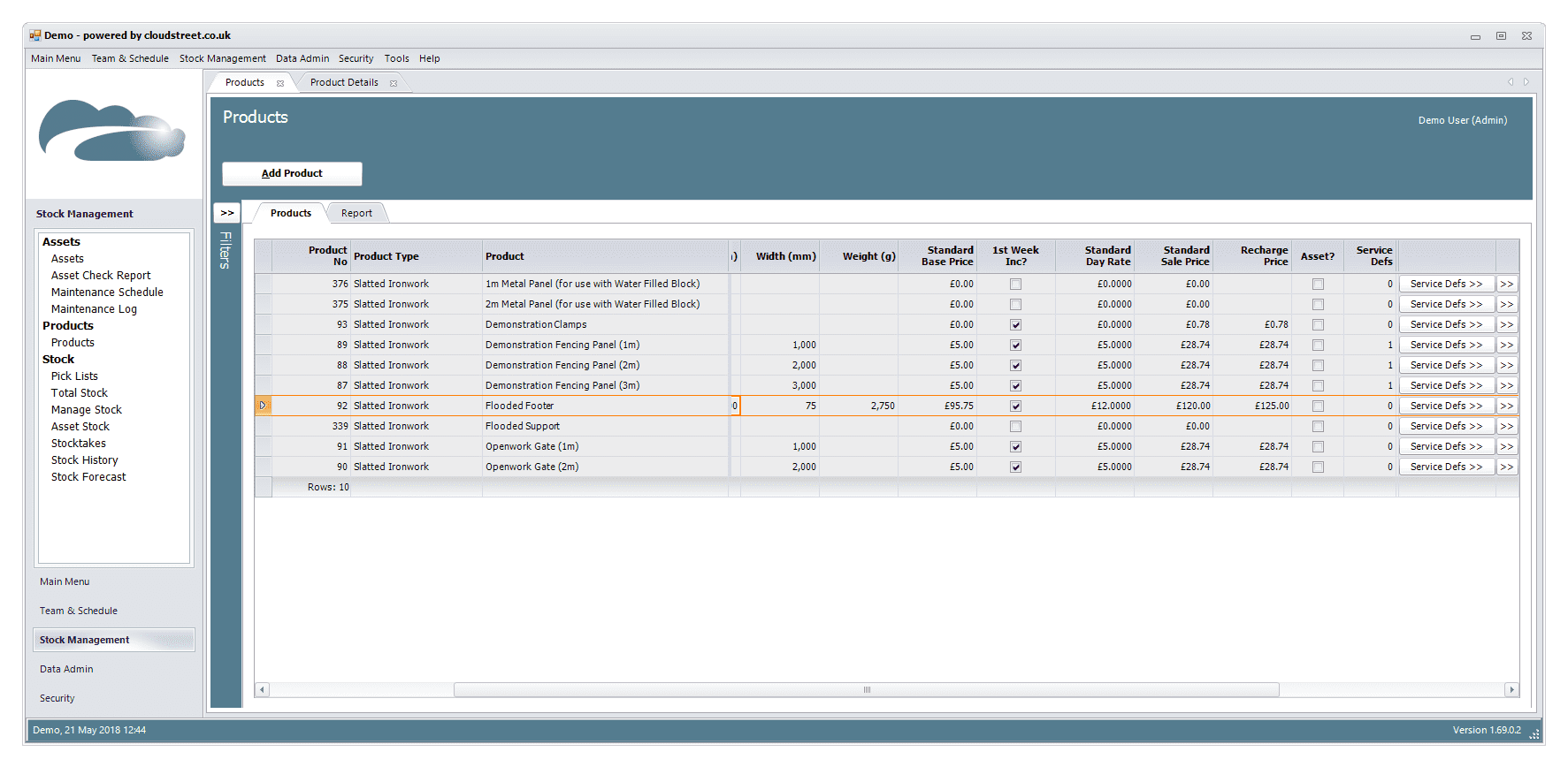 Product management and specifications software screenshot