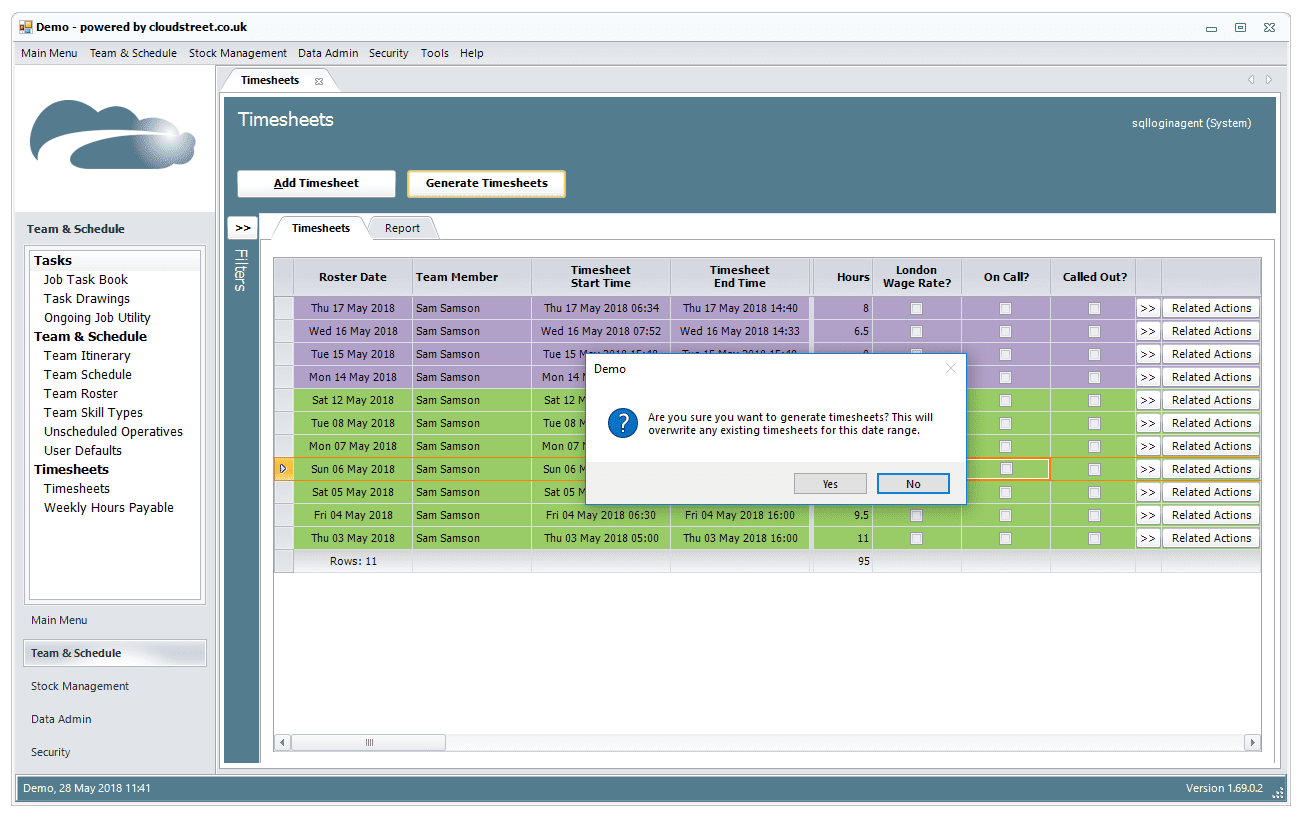 Timesheet and resource scheduling software screenshot